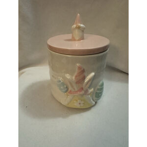 Carrot Patch Cottage Easter Gnome 7x4in Ceramic Canister Lidded Pastel